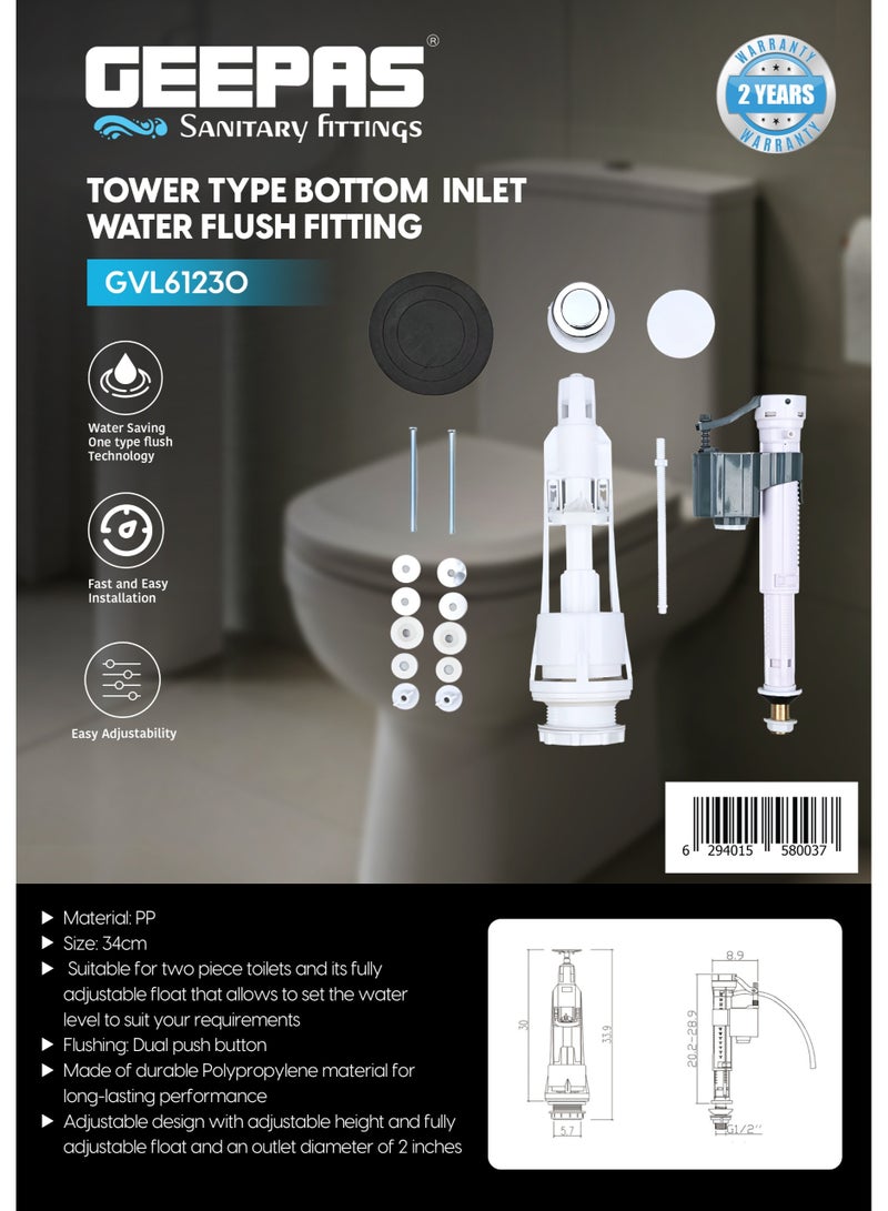 Geepas Tower Type Bottom Inlet Water Flush Fitting- GVL61230/ 34 cm, One Type Flush Technology, Suitable for Two-Piece Toilets, Fully Adjustable Design/ Perfect for Residential Bathrooms and Washrooms/ 2 Years Warranty